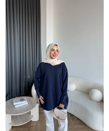 Evar Simli Kolu Düğmeli Triko Kazak - Lacivert