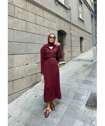 Evsa Mini Gold Düğmeli Elbise - Bordo