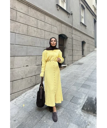 Evsa Mini Gold Düğmeli Elbise - Sarı