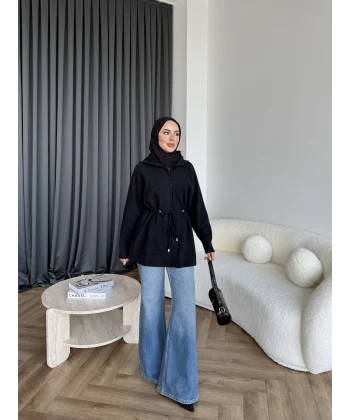 Eyla Fermuarlı Hırka - Siyah