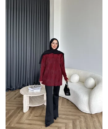 Faramis Baklava Tüylü Kazak - Bordo