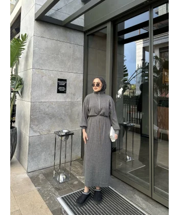 Fermuar Detaylı Triko Elbise - Gri