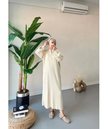 Fermuar Detaylı Triko Elbise - Krem