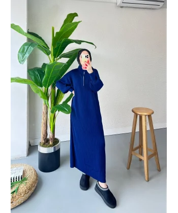 Fermuar Detaylı Triko Elbise - Lacivert