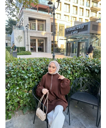 Fermuarlı Sweat Model Triko Kazak - Acı Kahve