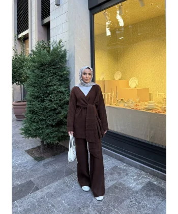 Fireya Bağlamalı Triko Takım - Acı Kahve