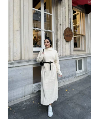 Fitilli Triko Elbise - Bej