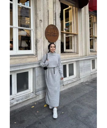 Fitilli Triko Elbise - Gri