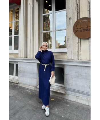 Fitilli Triko Elbise - Lacivert