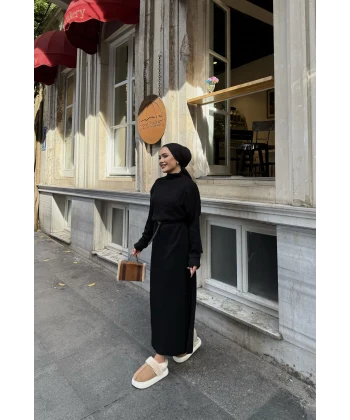 Fitilli Triko Elbise - Siyah