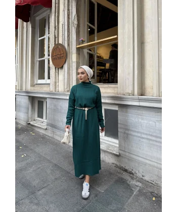 Fitilli Triko Elbise - Zümrüt Yeşili