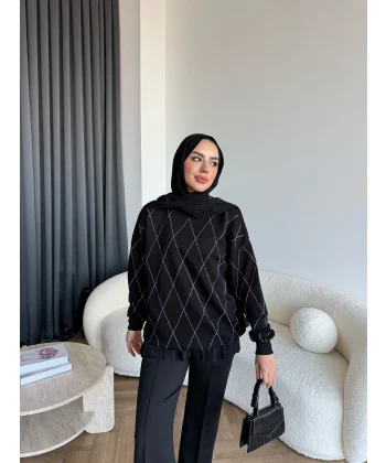 Gn-Elban Taşlı Sweat - Siyah