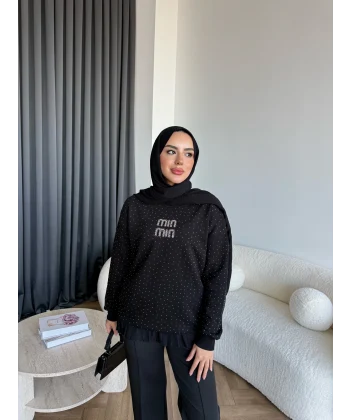 Gn-Mın Taşlı Sweat - Siyah