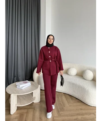 Gold Düğmeli 3 İplik Takım - Bordo