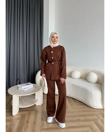 Gold Düğmeli 3 İplik Takım - Kahve