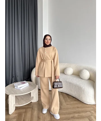 Gold Düğmeli 3 İplik Takım - Krem