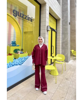 Gold Düğmeli Biyeli Takım - Bordo