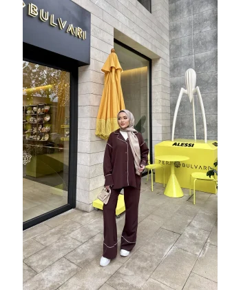 Gold Düğmeli Biyeli Takım - Kahve