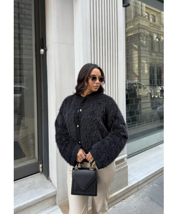 Gold Düğmeli Peluş Hırka - Siyah