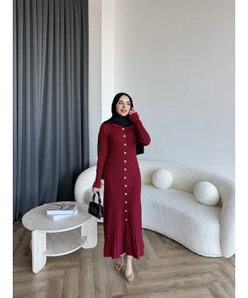 Gold Düğmeli Triko Elbise - Bordo