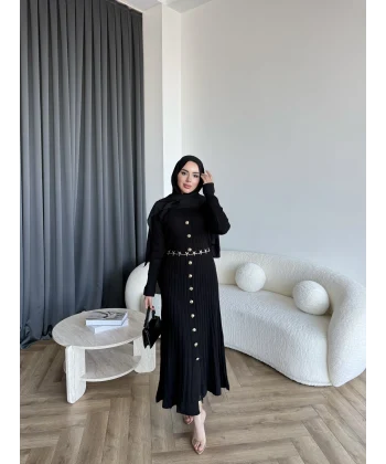 Gold Düğmeli Triko Elbise - Siyah