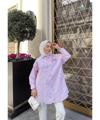 Gül Çizgili Detay Gömlek - Pembe