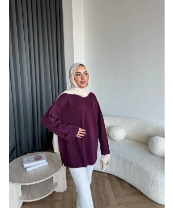 Gülsy Kol Detay Simli Triko Kazak - Bordo