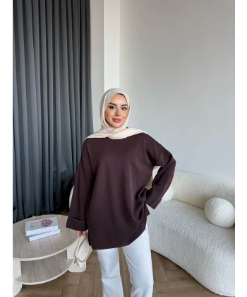 Gülsy Kol Detay Simli Triko Kazak - Kahve