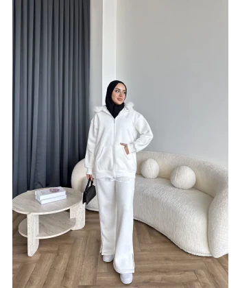 Hps-Taşlı Kürk Detay Takım - Beyaz