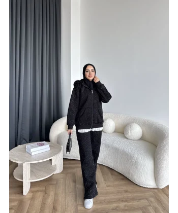 Hps-Taşlı Kürk Detay Takım - Siyah