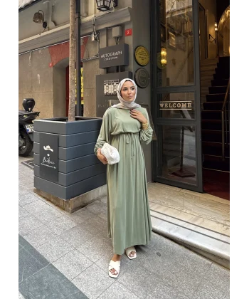 İmren Beli Lastikli Oysh Elbise - Yeşil