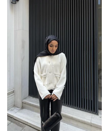 İnci Şerit Detaylı Kürk Ceket - Beyaz