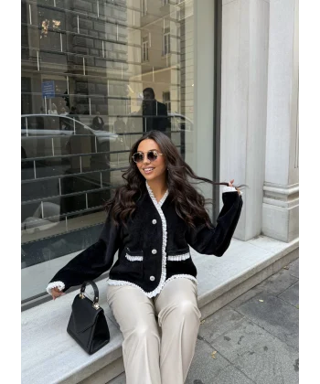 İnci Şerit Detaylı Kürk Ceket - Siyah