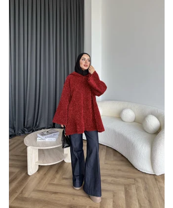 Kapşonlu Simli Hırka - Bordo