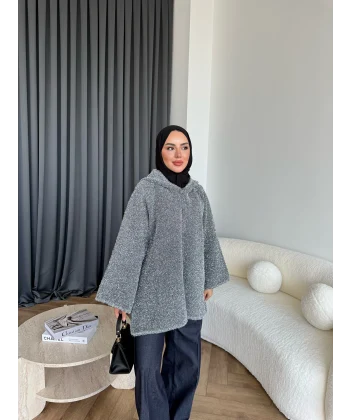Kapşonlu Simli Hırka - Gri