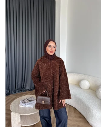 Kapşonlu Simli Hırka - Kahve