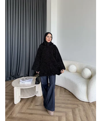 Kapşonlu Simli Hırka - Siyah