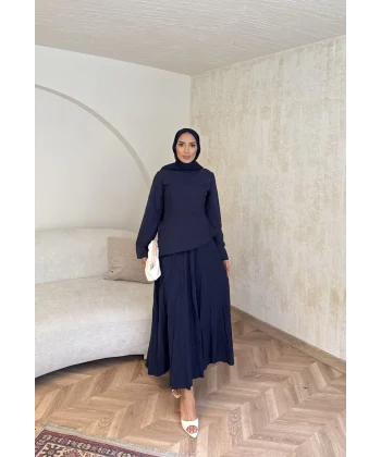 Keten Kırışık Etek Takım - Lacivert