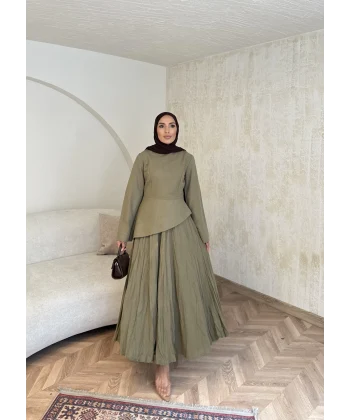 Keten Kırışık Etek Takım - Yeşil