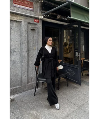 Kuşaklı Triko Takım - Siyah