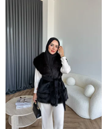 Lakas Yaka Ve Alt Kısmı Kürk Detaylı Yelek - Siyah