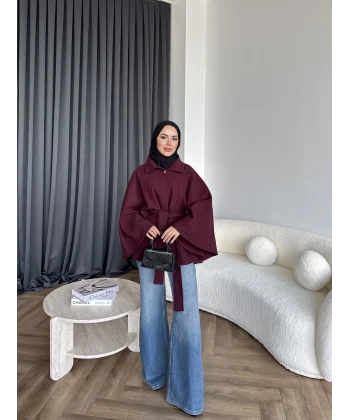 Laylan Ön Gold Düğmeli Panço - Bordo