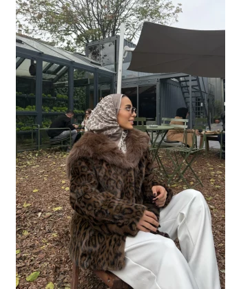 Leopar Desenli Alpaka Kürk - Kahverengi