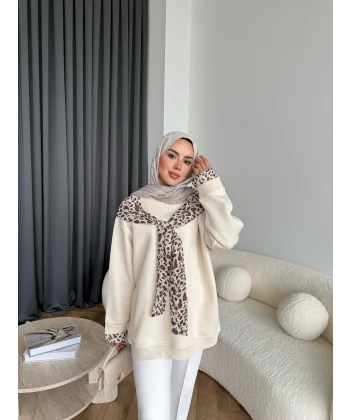 Leopar Fularlı Sweat - Bej