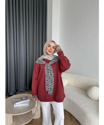 Leopar Fularlı Sweat - Bordo