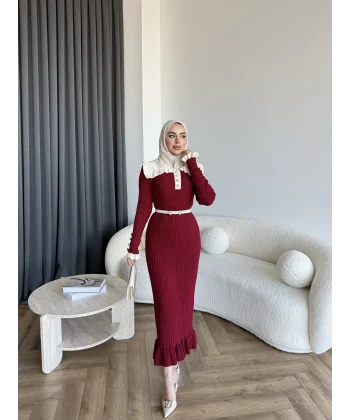 Lizge Yaka Detaylı Triko Elbise - Bordo