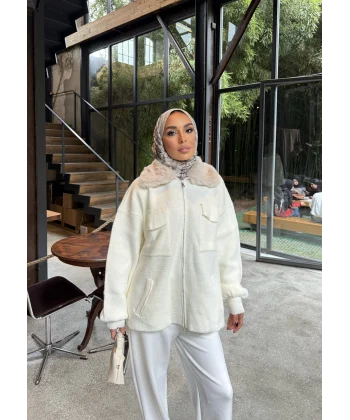 Loris Kürk Detaylı Triko Kap - Ekru