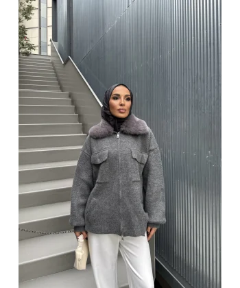 Loris Kürk Detaylı Triko Kap - Gri