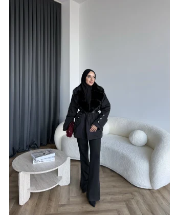 Marlo Kürk Detaylı Mont - Siyah