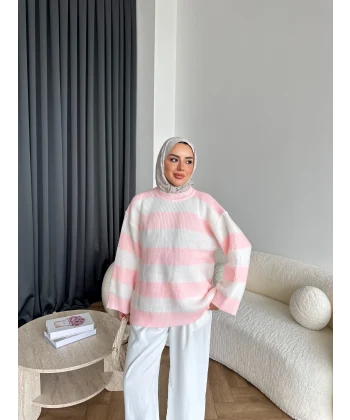 Mb-Eso Çizgili Triko Kazak - Pudra